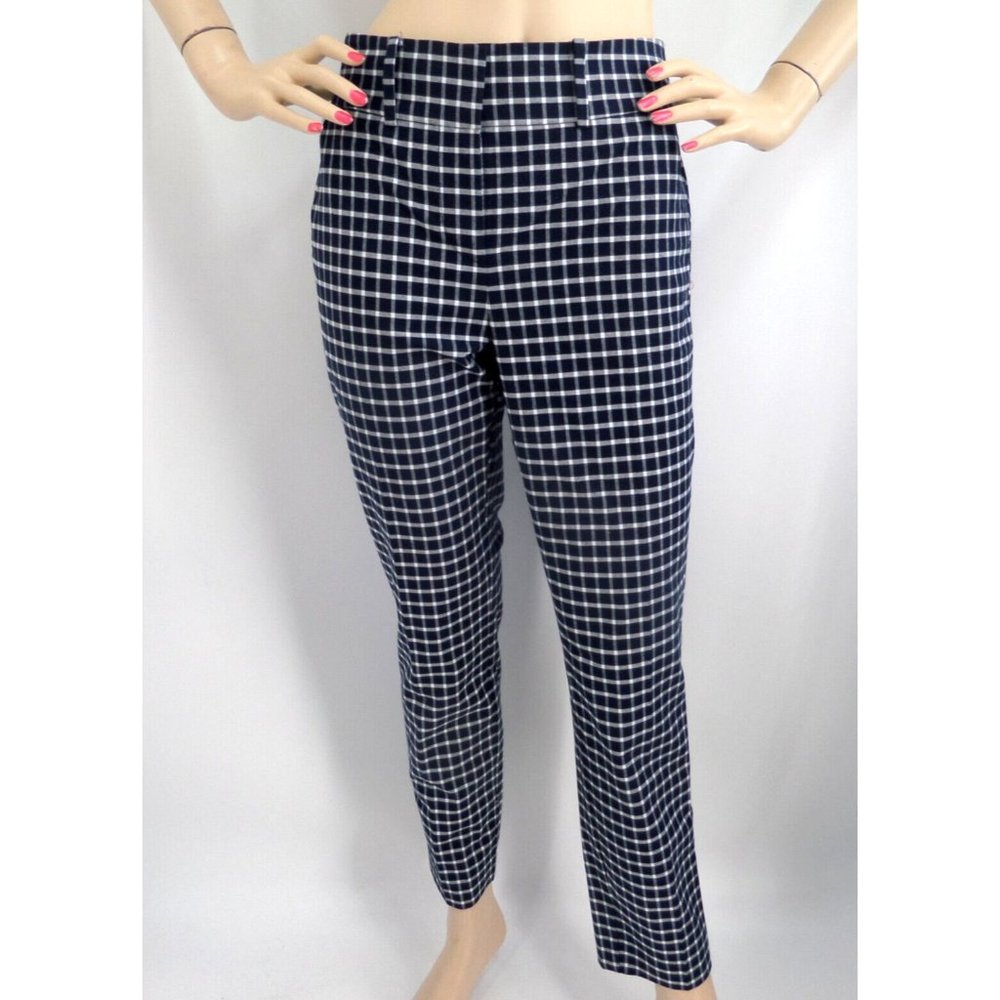 LOFT Navy and White Windowpane Plaid Slim Pants
